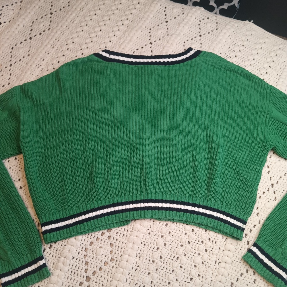 Forever 21 Green Cable Knit 1X Sweater Stripe Academia Varsity‎ Cardigan Prep - Picture 10 of 12